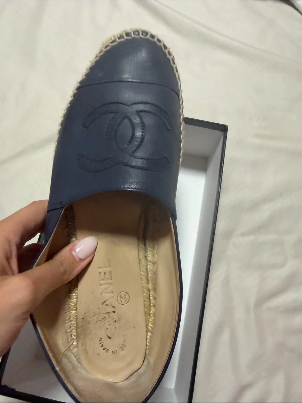 AUTHENTIC CHANEL Dark Navy Leather CC Espadrille Flats